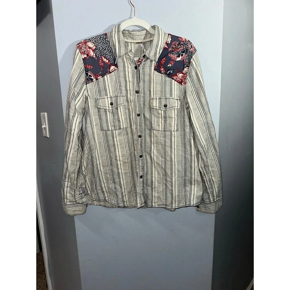 Free People button up striped and floral contrast long sleeve top size small
